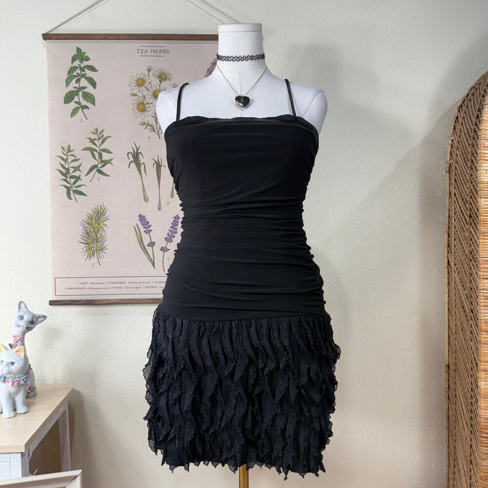90s Y2k Black Ruched Ruffle Mini Dress Bimbo Trashy Gyaru McBling Sexy Party M